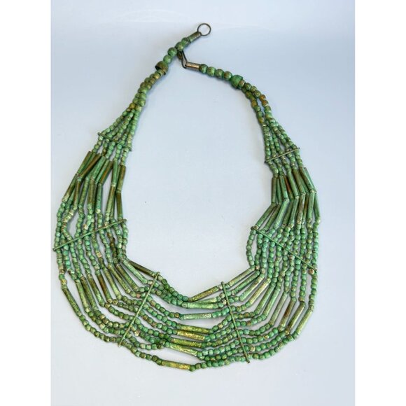 Tribal Multi-Strand Green Turquoise Beaded Necklace With Brass Hook Clasp - Picture 7 of 7